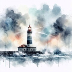 Watercolor Lighthouse with Waves and Splashes on White Background. AI generated illustration
