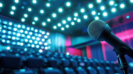 Microphone in a dimly lit auditorium. Blurry rows of seats and a colorful backdrop of lights