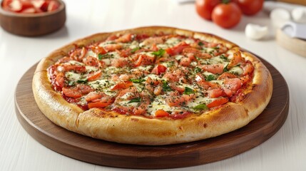 A freshly made pizza topped with sliced cherry tomatoes,