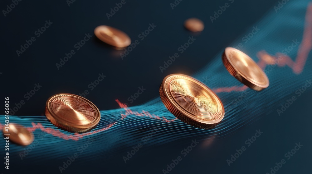 Poster Coins falling from a graph on a high-tech blue background representing financial trends and market dynamics