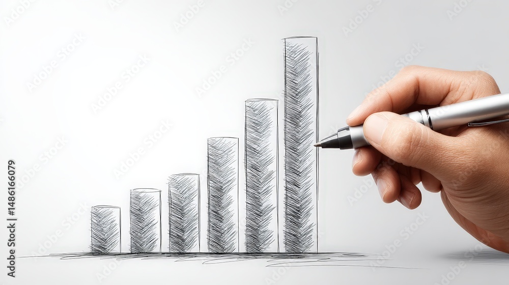 Poster Hand drawing a graph in the air illustrating growth and progress with clear lines and dynamic visualization