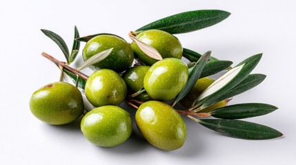 Fresh green olives on branches