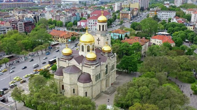 Aerial view of The Cathedral of the Assumption temple in Varna city center, Bulgaria