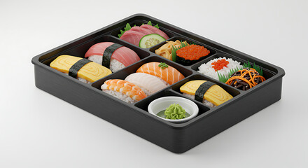 Sushi bento box with assorted Japanese delicacies