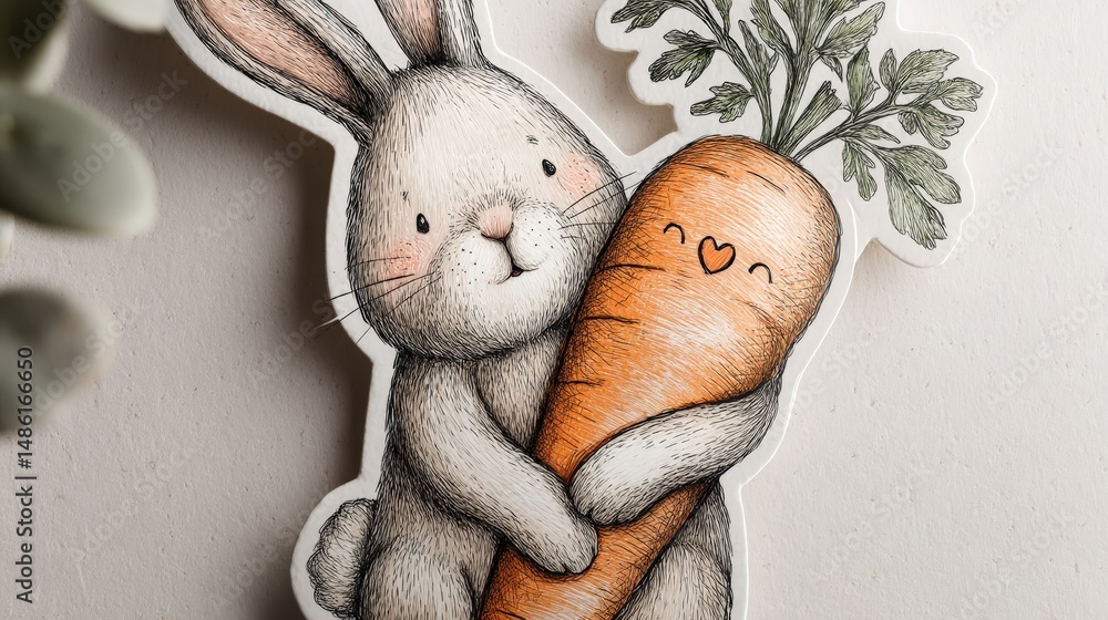 Poster charming hand-drawn bunny embracing a delightful doodle carrot with a bright smile in a colorful art