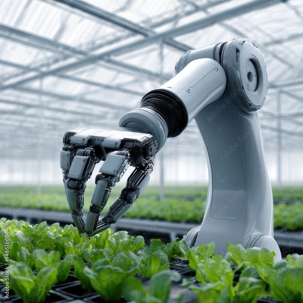 Poster robotic concept art showcasing a fully automated green technology in a futuristic setting.