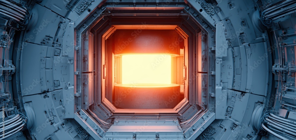 Poster conceptual image of a fusion reactor core generating clean energy.