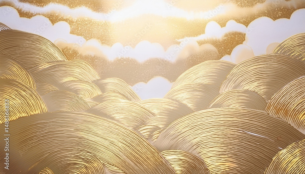 Fototapete golden abstract waves and clouds with metallic texture and luminous bokeh background for luxury branding, packaging design, website header, or elegant print media backdrop


