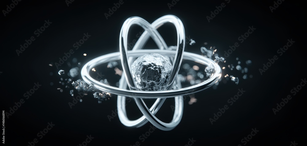 Poster 3d visualization of atom particles with electronic elements in a vibrant design.