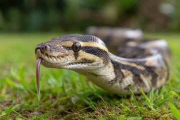 Fototapeta premium Snake Flicking Tongue Outdoors on Grass