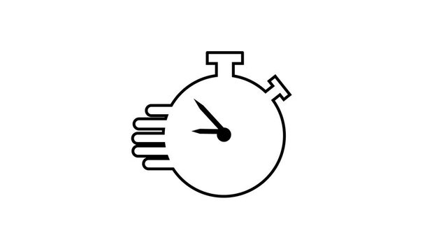 Stopwatch in hand graphic illustration. Animated illustration of a stopwatch with hand concept in black and white isolated on white background demonstrating punctuality and time management.