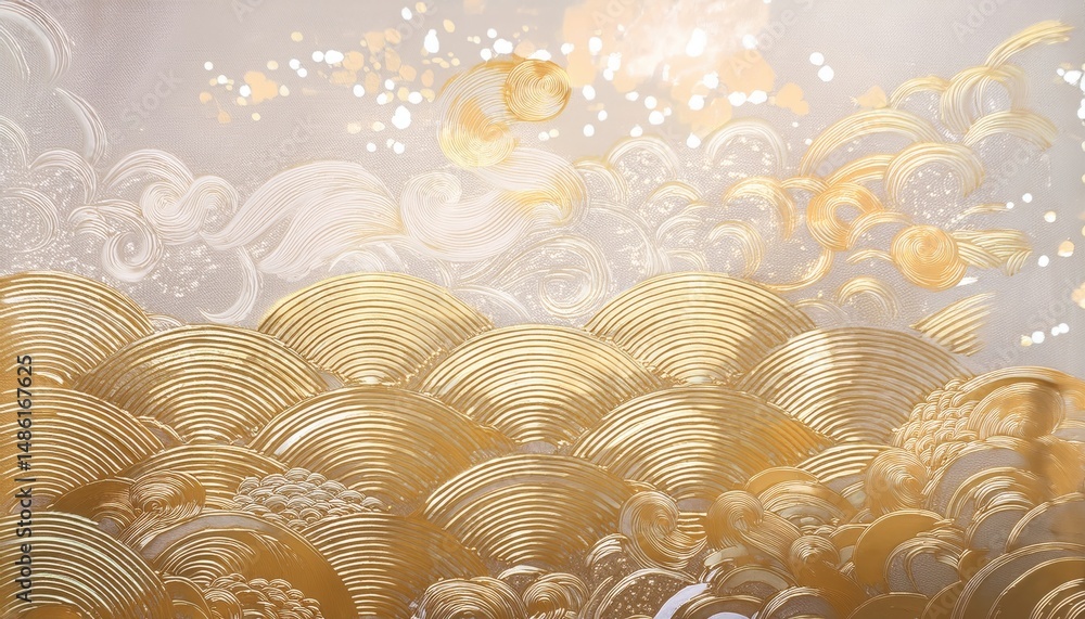 Poster golden abstract waves and clouds with metallic texture and luminous bokeh background for luxury branding, packaging design, website header, or elegant print media backdrop

