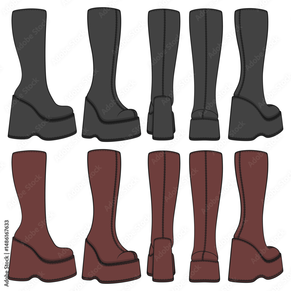 Poster set of colored retro platform boots. isolated vector objects on white background.