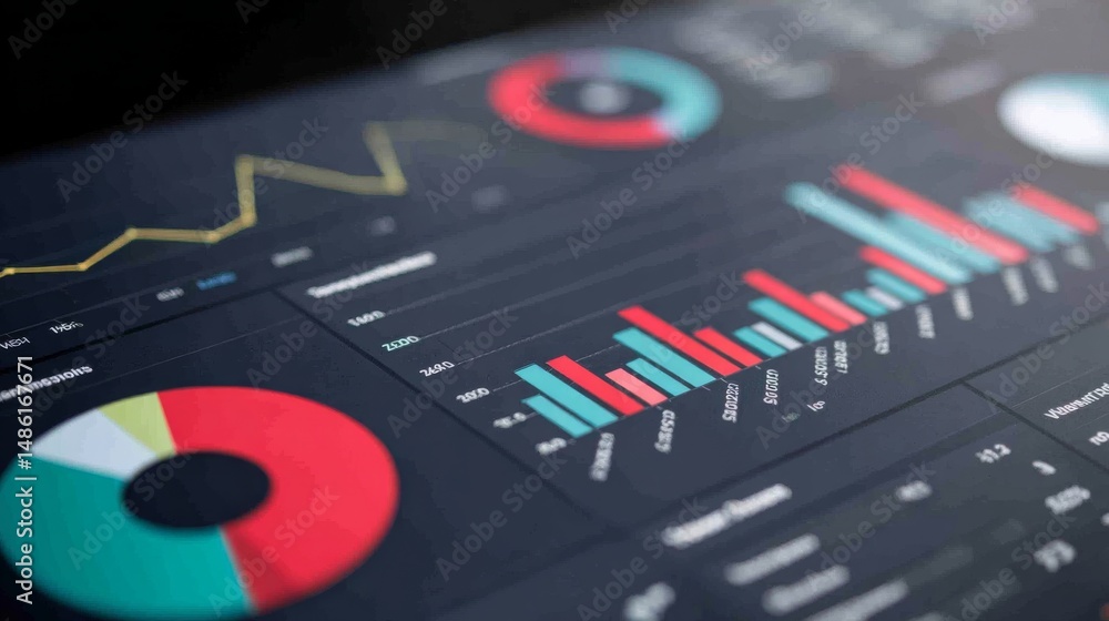 Fototapete a sleek dashboard displays vibrant pie charts and bar graphs on a dark interface, providing insightf