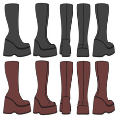 Set of colored retro platform boots. Isolated vector objects on white background.