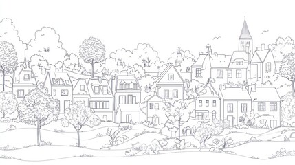 Obraz premium Charming village scene, depicted in outline style, with lush trees and houses