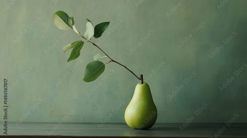 Poster single green pear with leaves in minimalist setting.