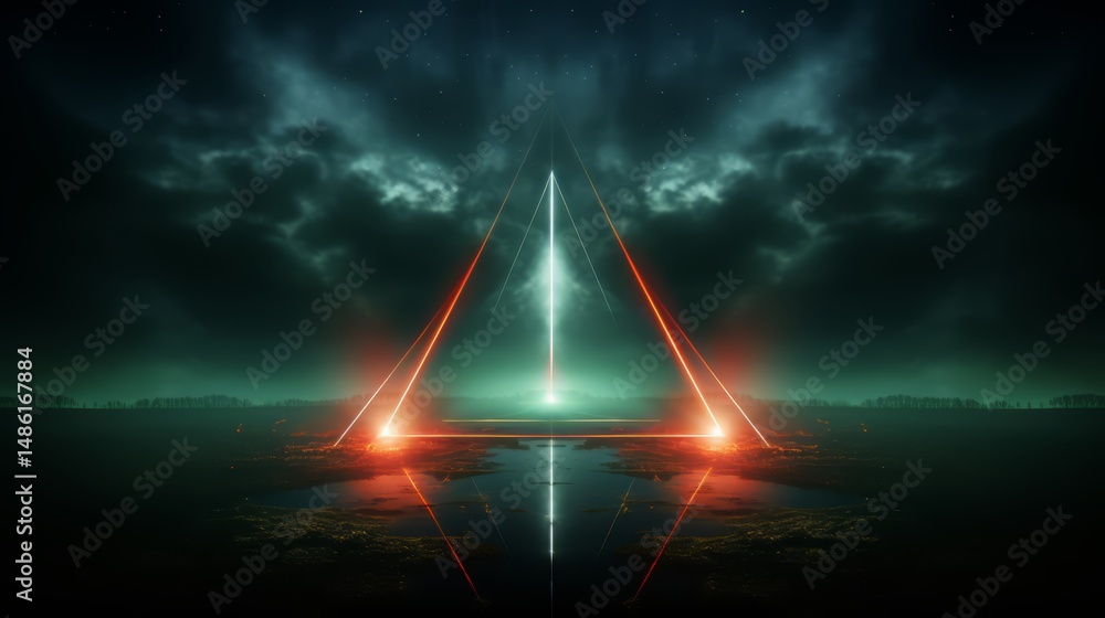 Leinwandbilder Triangle is lit up in the dark with red and green lights. The triangle is surrounded by water and clouds