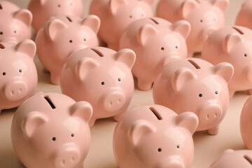 Multiple pink piggy banks aligned.