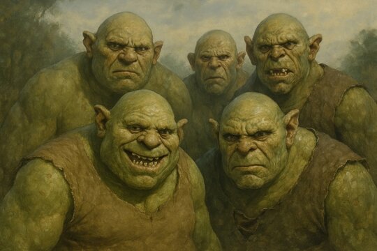 Five ogres in forest setting.