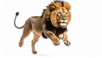 Obraz premium photo of Standing jumping full body lion on isolated white background, sharp detail high definition 