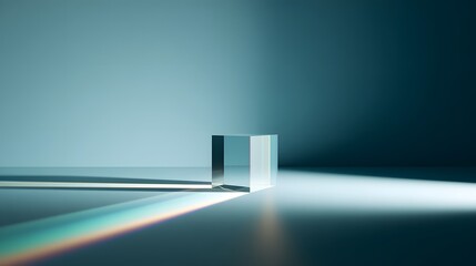 Fototapeta premium A Glass Prism Refracting Light into a Spectrum on a Reflective Surface with a Gradient Background