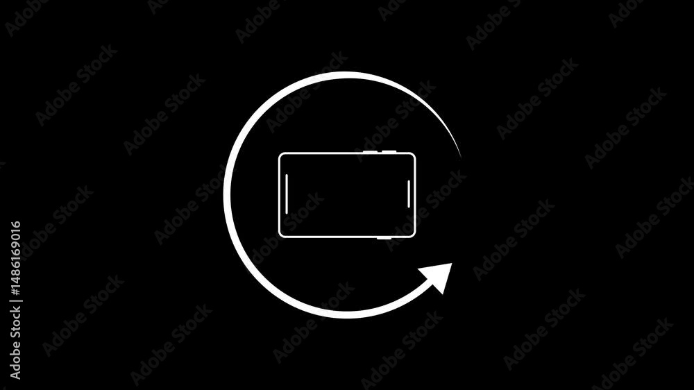 Poster Rotating tablet screen mockup with circular rotation arrow. Animated rotating tablet screen mockup displaying a circular arrow indicating rotation against a black background