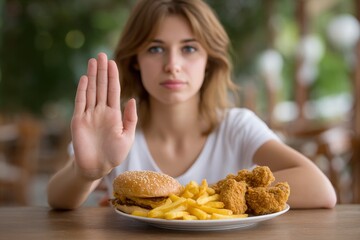 Woman Refusing Unhealthy Food with Hand Gesture