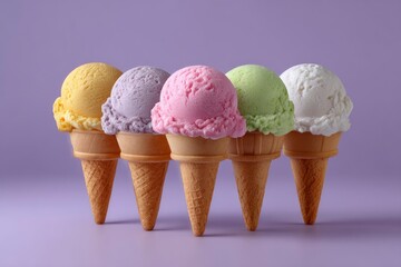Colorful Ice Cream Cones in a Row on Lilac Background