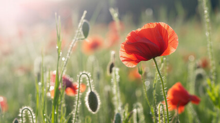 Fototapeta premium Vibrant red poppy flowers blooming in a lush field bathed in soft morning sunlight