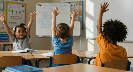 Excited kids raising hands in classroom learning education