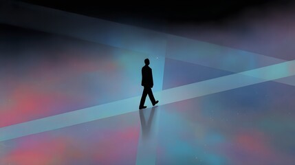 Silhouette of a Man Walking on a Futuristic Path with Colorful Geometric Shapes and Nebula Background