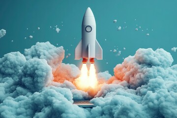 Cartoon rocket launching through fluffy clouds