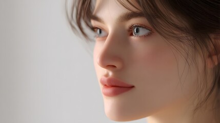 Fototapeta premium A serene and captivating close-up portrait of a young woman with striking blue eyes, showcasing her delicate features and soft skin against a blurred background.