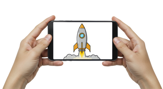 Isolated Hands Holding Smartphone Displaying Rocket Launch Graphic