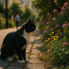 Tuxedo Cat Sitting by Flowers in City Park, Golden Hour