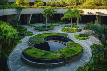 Lush courtyard with curved walkways and water features