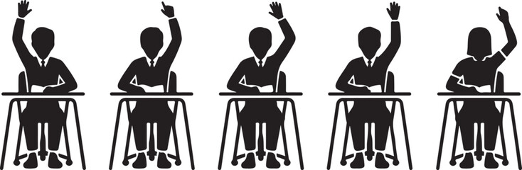 Five Students Sitting at Desks Raising Hands in Class