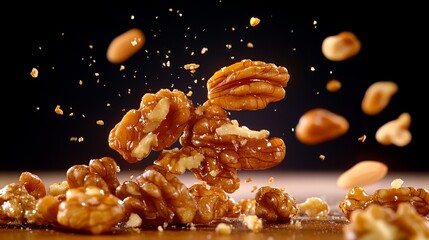 Walnuts are displayed in mid-air with smaller nut pieces against a dark background.