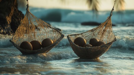* Beach hammocks tied to coconuts near tranquil waves.