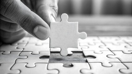 Hand placing final puzzle piece completing a jigsaw puzzle, symbolizing solution, teamwork, and success.