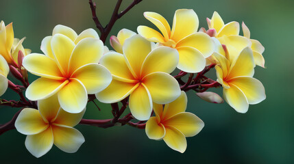 Fototapeta premium Beautiful close up of vibrant yellow plumeria flowers blooming on a delicate branch with a soft blurred green background creating a peaceful tropical scene.