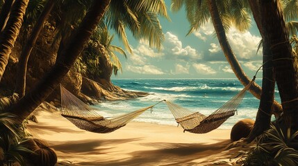 * Beach hammocks tied to coconuts near tranquil waves.