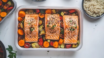 Delicious baked salmon with roasted vegetables home kitchen food photography cozy environment overhead view healthy eating