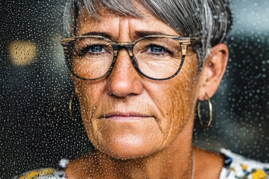 A thoughtful elderly woman with glasses looks out a rain-speckled window, her expression contemplative and serene. - Powered by Adobe