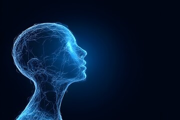 Neural Network Representation of a Human Head in Blue Light on Dark Background