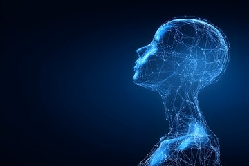 Digital Human Profile: A Futuristic Wireframe Illustration of a Female Head and Upper Body in Blue Tones