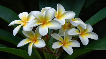 Fototapeta premium Close up of beautiful white and yellow plumeria flowers in full bloom, surrounded by lush green leaves, creating a vibrant and peaceful natural composition.