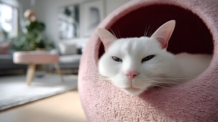 A serene white cat with black eyes and whiskers, resting in a cozy pink cat bed, surrounded by a modern living room setting.