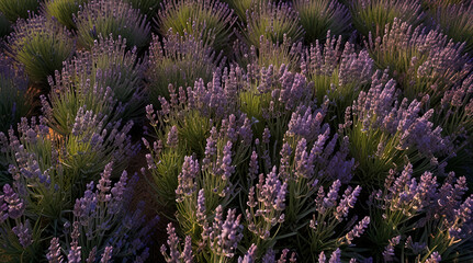 Bird's eye view of a lush lavender field in full bloom, creating a vibrant and soothing background, nature, summer,generative.ai
